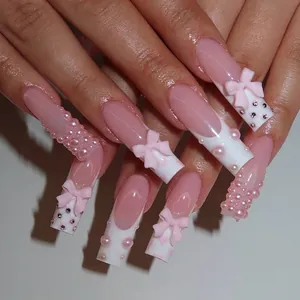 French Style Pink White Long Coffin Press On Nails With 3D Bow Artificial Pearl Rhinestone Heart Design Reusable Fake Nails For Women