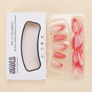 3D Muschel Perlen Kunstnägel Set mit rosa Glitzerverlauf und langen Mandel-Nagelspitzen