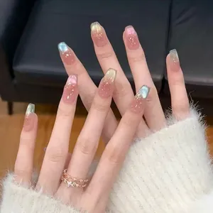 Pink and blue gradient cat eye press-on nails with 30pcs glitter ombre finish