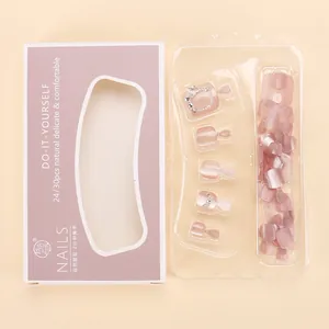 Set di unghie finte per piedi occhio di gatto rosa con perle e strass in box