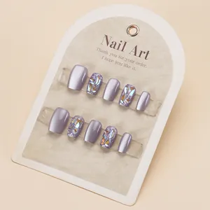 Short square lilac press-on nails with iridescent glitter and chrome purple finish