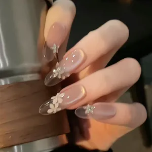 Handmade Press On Nails Long Almond Nude Pink Gradient 3D Flower Butterfly Rhinestone Cat Eye Fake Nails For Women Jewelry