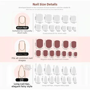 Detailed size chart for pink plaid press-on nails with lengths and widths in millimeters