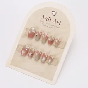 Short square pink and green gradient cat-eye press-on nails with delicate rhinestones