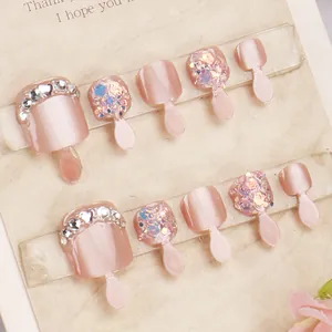 Unghie Finte per Piedi Rosa Occhio di Gatto Con Strass Glitter Corto Quadrato Unghie Press On per Donna Bellezza