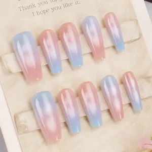 Handmade Coffin Press On Nails Pink Blue Gradient Cat Eye Glitter Ombre False Nails For Women Daily DIY Manicure Kit