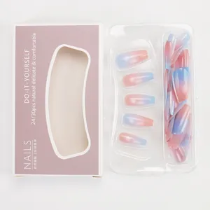 Pink and blue gradient cat eye press-on nails with fine glitter in professional box