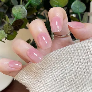 Glossy jelly pink short square press-on nails with semi-transparent finish for women