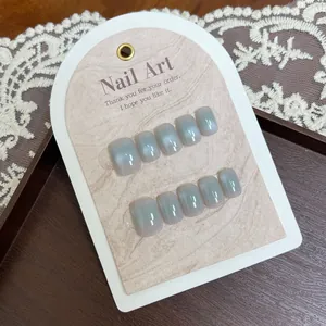 Set da 10 unghie finte artigianali effetto occhio di gatto blu grigio punte quadrate