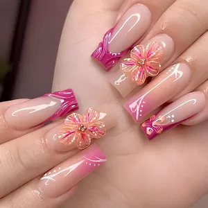 Rosa 3D Blume Künstliche Fingernägel Zum Aufkleben Lang Quadratisch Französisch Farbverlauf Fake Nails Süß Cool Spicy Girl