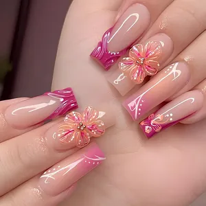 Rosa 3D-Blumen-Aufpressnägel mit französischem Farbverlauf und langer Quadratform