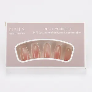 Detail of pink gradient cat eye press-on nails in purple window box packaging