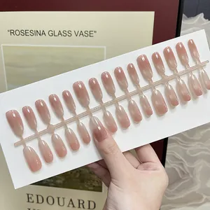 Pink brown gradient cat-eye press-on nails with glossy finish in long square shape