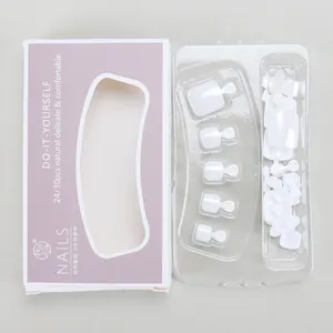 Glossy white press-on toenails set in lavender packaging for professional DIY pedicure
