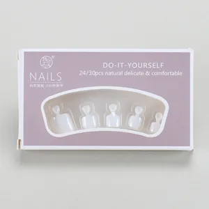 Glossy white press-on toenails set in purple packaging with transparent window