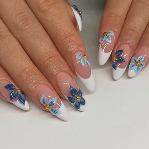 Summer Vintage Blue Floral Press On Nails Sweet French White Edge Almond Shape ABS Resin Fake Nails With Gold Beads For Women