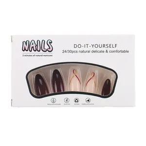 Medium almond press-on nails set with burgundy and gold striped minimalist designs