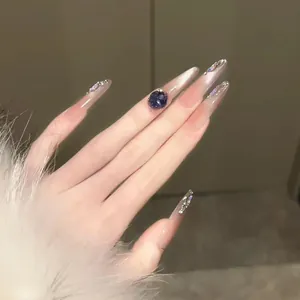 Faux Ongles Faits Main Dégradé Rose Œil de Chat Strass Violet Brillant Réutilisables Forme Amande Manucure Femme Fête