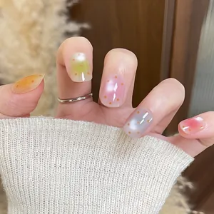 Short Square Round Press On Nails Cat Eye Polka Dot Gradient Macaron Color Jelly Texture Reusable False Nails For Women