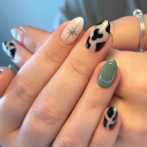 3D metallic star lines and cow print press-on nails in medium oval shape 24pcs set