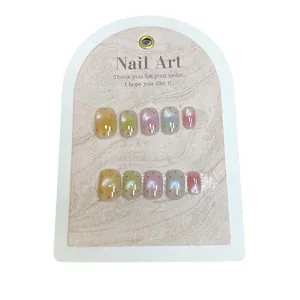 Short square press-on nails with macaron gradient pearls and delicate dots design