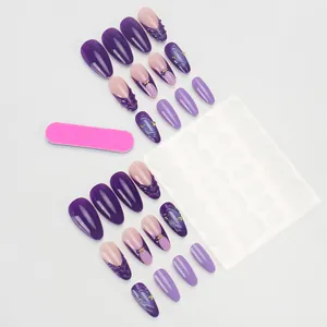 24pcs purple and pink press-on nails set with 3D embossed texture and glue sticker