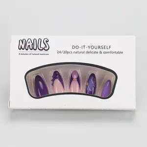 Detail view of purple press-on nails packaging with 24 pieces of glitter DIY fake nails