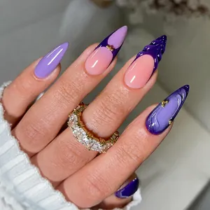 Purple and pink stiletto press-on nails with 3D textures and cat-eye finish 24pcs