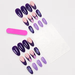 24pcs Purple and Pink Press-on Nail Set with Floral Embossments and Golden Accents