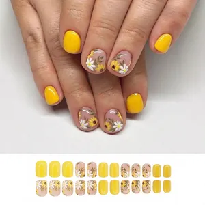 Madeliefje Press-on Nagels Kort Rond Vierkant Geel Roze Contrast Kleur Glanzende Fake Nails Met Lijm Vrouwen