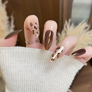 Luipaard Kattenoog Press On Nagels Karamelbruin Amandelvorm Draagbare Kunstnagels Voor Vrouwen Handgemaakte DIY Manicure Kit