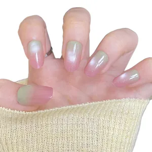 Morandi green and pink gradient cat eye press-on nails with fine glitter finish