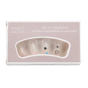 Handmade press-on nails with nude pink gradient, cat patterns and white bows 24pcs