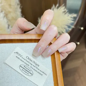 Faux Ongles à Presser Œil de Chat Faits à la Main Nude Champagne Aurore Polarisée Forme Carrée pour Femme Mode