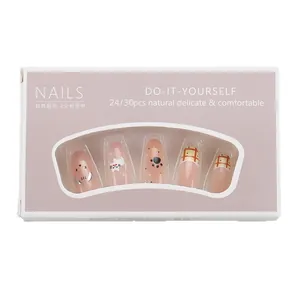 Faux ongles amande rose avec motifs chat de dessin animé et carreaux, lot de 24-30 pièces