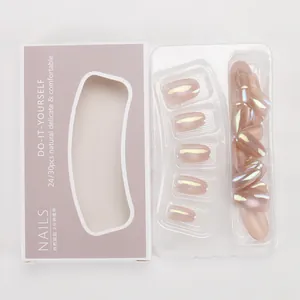 Detail of nude pink cat-eye press-on nails in oval shape with DIY packaging box