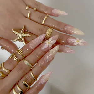 Sommer Ozean Serie 3D Blume Press On Nails Französisch Mandel Lange Stiletto Nude Rosa Farbverlauf Muschel Welle Falsche Nägel Damen
