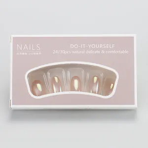 Macro shot of short oval cat-eye press-on nails with iridescent pearly pink finish