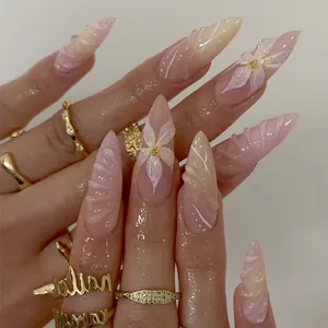 Sommer-Ozean Stiletto-Nägel mit 3D-Wellenmuster und rosa-weißem Farbverlauf-Design