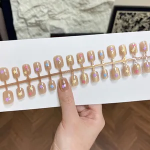Handmade short cat-eye press-on nails with colorful stars and 30 reusable pieces
