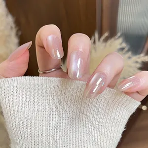 30-piece handmade press-on nails with short oval gradient glass bead cat-eye aurora effect