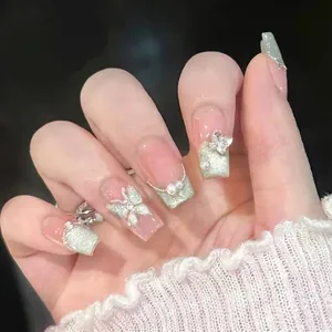 30pcs handmade mint green glitter butterfly press-on nails with pearls for summer