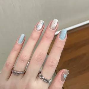 French Cat Eye Press On Nails Short Square Light Blue Silver Star Pattern Removable False Nails For Women Girls Manicure
