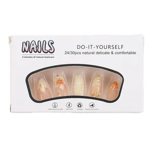 3D floral reusable press-on nails with almond shape, pearl accents and French pink finish