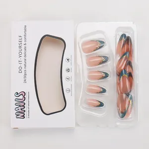 Unghie finte French rosa nudo e blu grigio con linee dorate e confezione inclusa