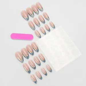 Kit 24 unghie finte french nude pink e verdi con linea glitterata oro e accessori