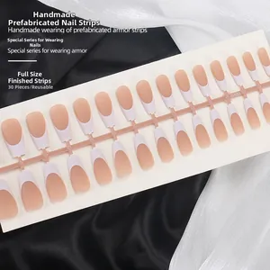 Classic nude matte brown French tip press-on nails with white borders, 30 pieces per set