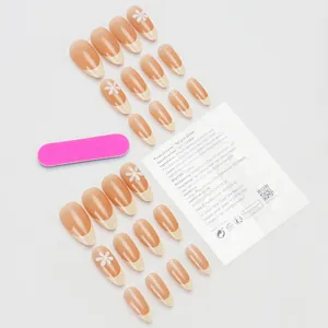 Uñas postizas French nude con flores 3D y mini lima de uñas, set de manicura