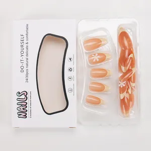 Uñas postizas francesas nude con flores 3D blancas, kit de 24 piezas para manicura