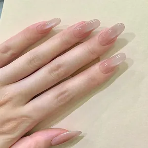 Elegant oval nude pink gradient cat-eye press-on nails with soft pearlescent shine